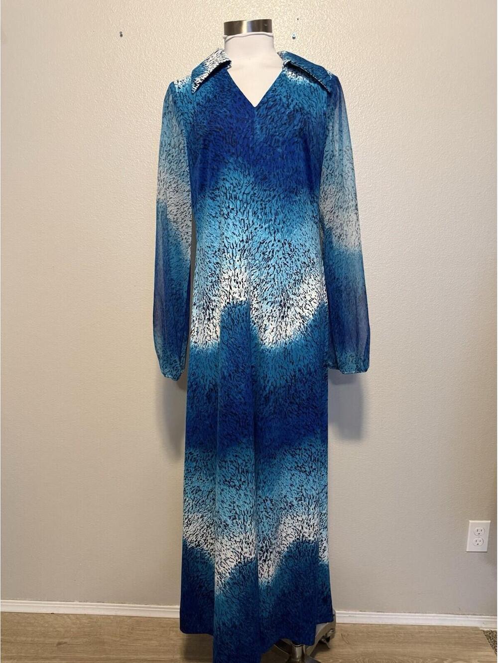 Vintage 60s, 70s Henry Lee Mod Boho Maxi Dress Size 12 Blue Sheer Sleeves